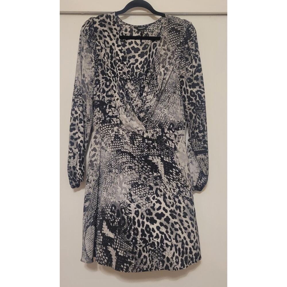 Express Animal Print Faux Wrap Dress Gray Black Snake Leopard Long Sleeve Large